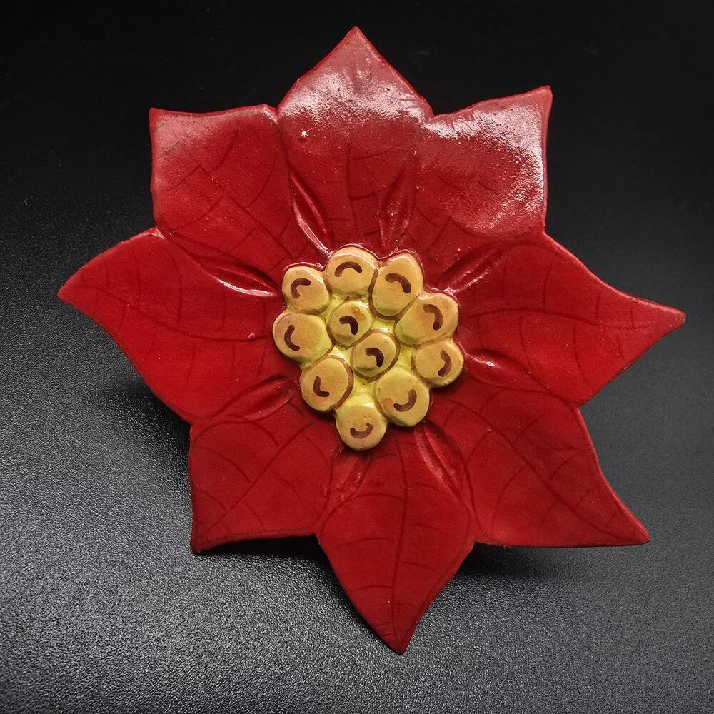 Wood Hand Painted Poinsettia Flower Scarf Ring Charm Slide Clip Christmas